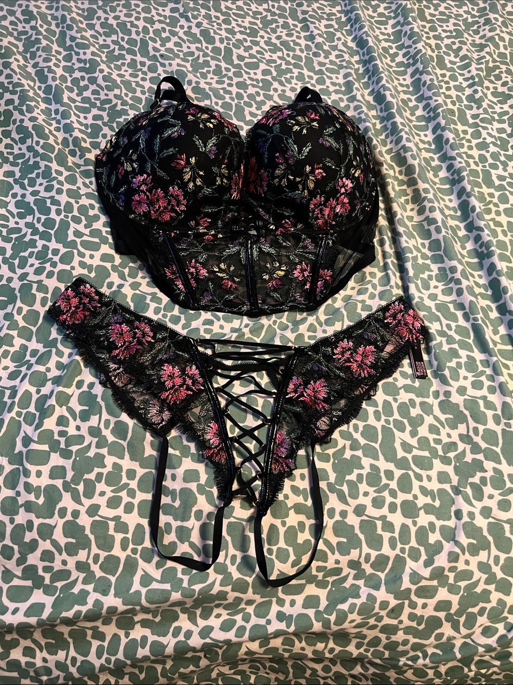 Victoria's Secret Black Lace Bustier Set with Pink Floral Embroidery